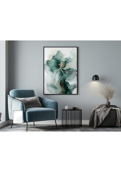 Metal Çerçeveli Gerçek Camlı Tablo - Dijital Baskı - Soyut Zümrüt Çiçeği indirimleri