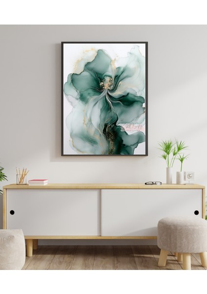 Metal Çerçeveli Gerçek Camlı Tablo - Dijital Baskı - Soyut Zümrüt Çiçeği