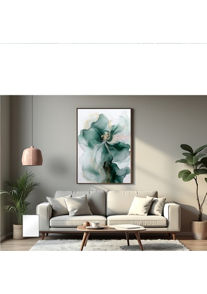 Metal Çerçeveli Gerçek Camlı Tablo - Dijital Baskı - Soyut Zümrüt Çiçeği