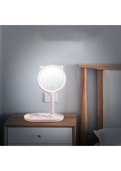 Kedi Kulaklı Telefon Standlı Yuvarlak Dokunmatik LED Ayarlı Masa Üstü Makyaj Ay - LKM1592-4444