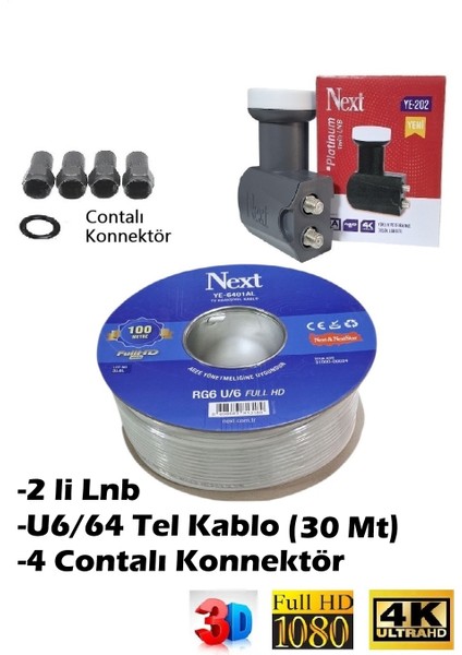 30 Metre Gold Uçlu Anten Kablosu Full Hd 3D 4K + 2 Li Lnb YE-202 + 4 Contalı Konnektör