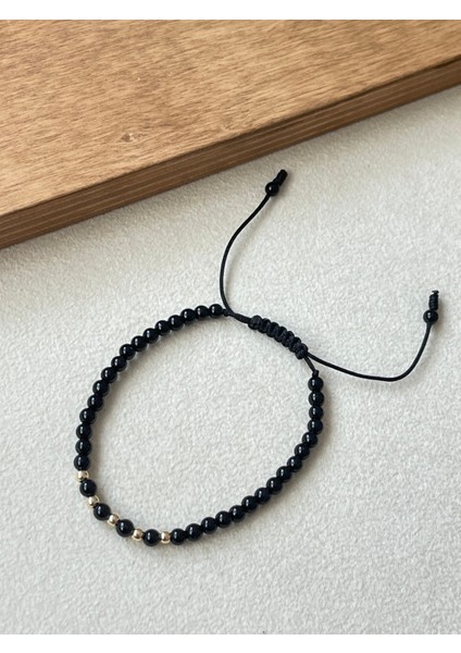 14 Ayar Altın Top Altın Detaylı Onix Taşlı Altın Bileklik