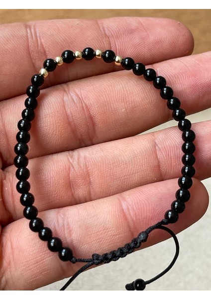 14 Ayar Altın Top Altın Detaylı Onix Taşlı Altın Bileklik