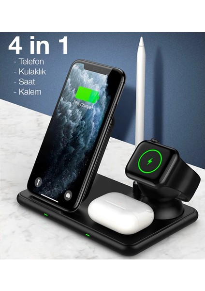 Ally W58 15W Qi Hızlı Şarj 4 In 1 Iphone+ Airpods Pro Kablosuz Şarj STANDI-(577 - LKM2859-5011