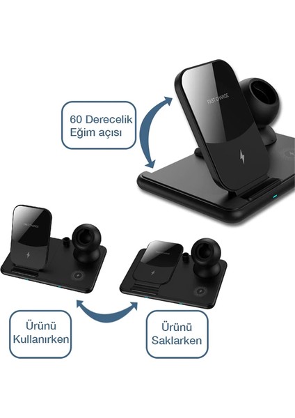 Ally W58 15W Qi Hızlı Şarj 4 In 1 Iphone+ Airpods Pro Kablosuz Şarj STANDI-(577 - LKM2859-5011