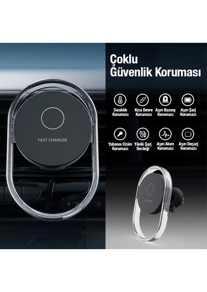 Ally 15W Klima Araç Havalandırma Bölmesi Manyetik Şeffaf Kablosuz Araç Şarj Te - LKM4066-4179 modelleri