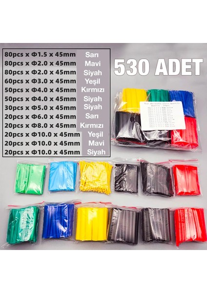 Ally 5 Renk Makaron Isı Ile Daralan Kablo Seti 530 Adet 8 Boy SET-(5775) - LKM9954-9082