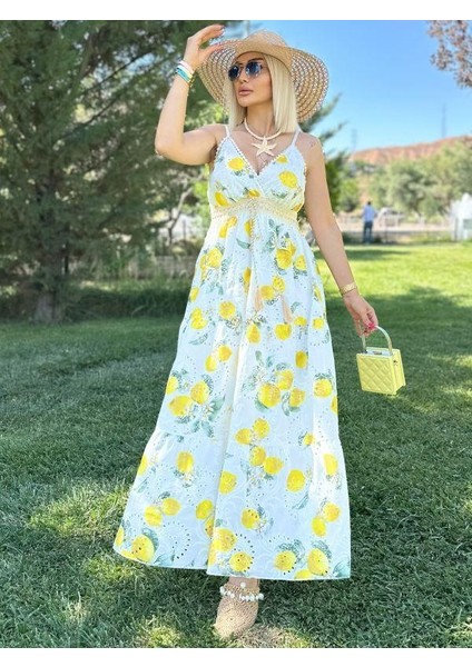 38976 Limonlu Fisto Askılı Elbise Sarı