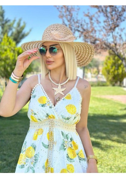 38976 Limonlu Fisto Askılı Elbise Sarı