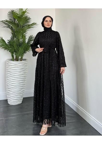 Rstm Butik Özel Günler Için Simli Astarlı Fermuarlı Kuşaklı Elbise