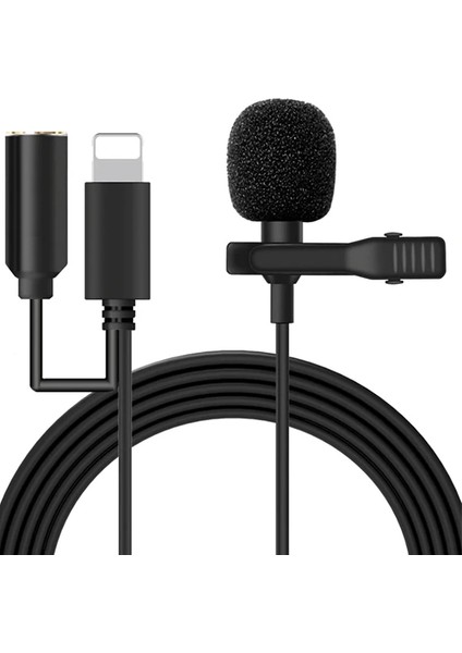 Ally iPhone Lightning Yaka Mikrofonu+3.5mm Jack Profesyonel Youtuber MIKROFONU-(5775 - LKM1785-9616