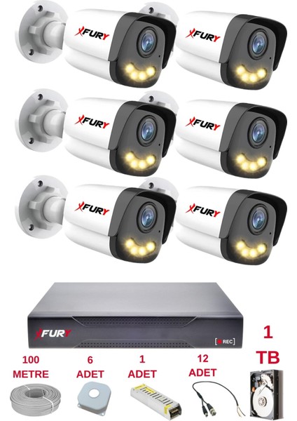 6 Kameralı 4 Warm LED Gece Renkli Görüş-Cepten Izle-Su Geçirmez Güvenlik Kamerası Seti 1tb