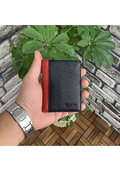 AsyaClub Derije Hakiki Deri Siyah/Kırmızı Minimal Erkek Cüzdanı (T1585)