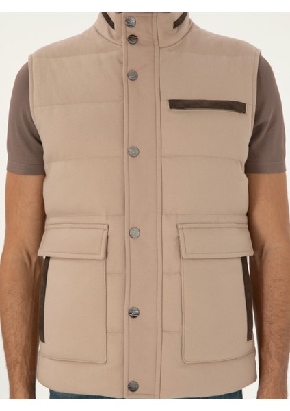 Erkek Bej Dolgulu Deri Detaylı Mont Yelek 50294014-VR011