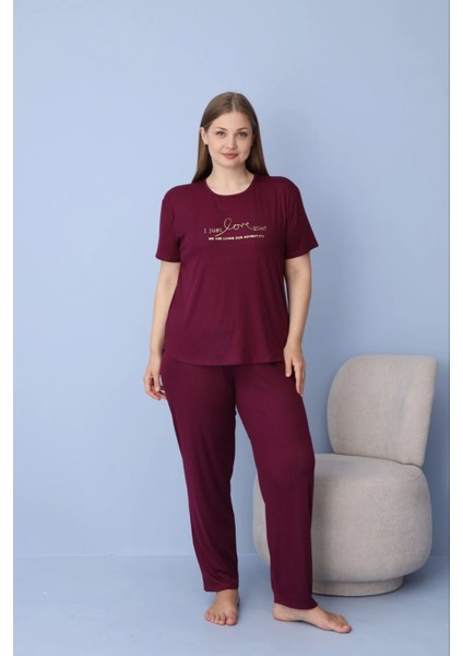 Kadın Büyük Beden Mürdüm Kısa Kollu Dublin Kumaş Pijama Takımı – 5425