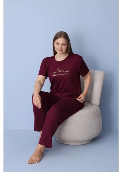 Kadın Büyük Beden Mürdüm Kısa Kollu Dublin Kumaş Pijama Takımı – 5425