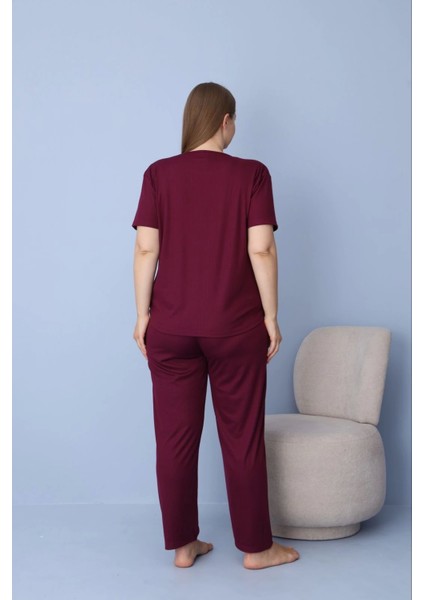 Kadın Büyük Beden Mürdüm Kısa Kollu Dublin Kumaş Pijama Takımı – 5425
