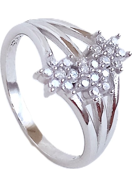 18 Ayar Altın Kaplama Beyaz Üçlü Kutup Yıldızı Tasarım Çiçek Kadın Gümüş Yüzük