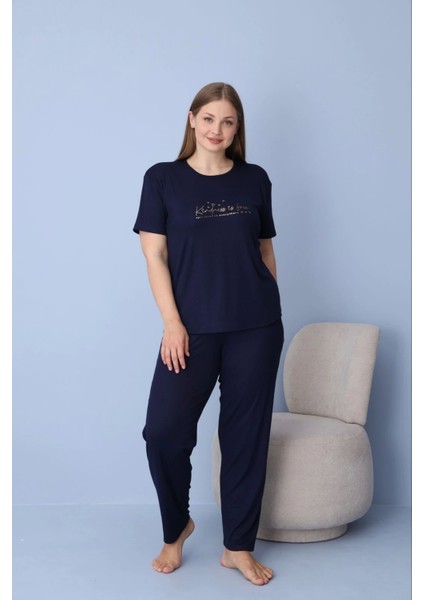 Kadın Büyük Beden Lacivert Kısa Kollu Dublin Kumaş Pijama Takımı – 5425
