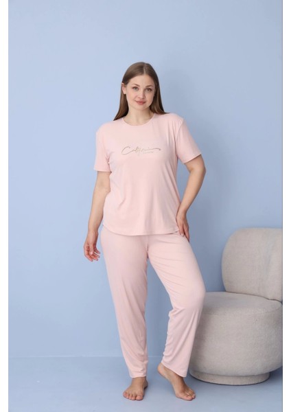 Kadın Büyük Beden Somon Renk Kısa Kollu Dublin Kumaş Pijama Takımı – 5425