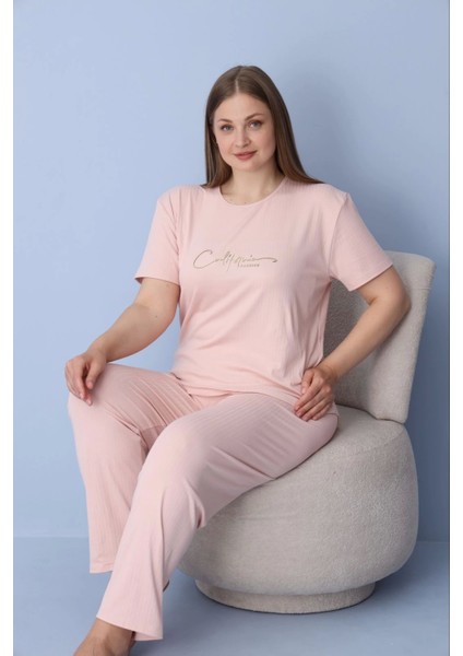 Kadın Büyük Beden Somon Renk Kısa Kollu Dublin Kumaş Pijama Takımı – 5425 fiyatları