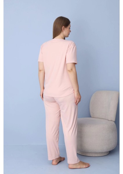 Kadın Büyük Beden Somon Renk Kısa Kollu Dublin Kumaş Pijama Takımı – 5425 modelleri