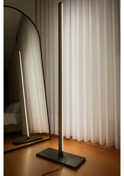 MODERN Minimal Antrasit Gri Ahşap Gövdeli Ahşap Ayaklı Beyaz LED Zemin Lambası-Modern Beyaz LED Çıta-Modern Dekoratif Işık-Sıcak Beyaz Aydınlatma Ayaklı Gece Lambası Şık ve Dekoratif Aydınlatma