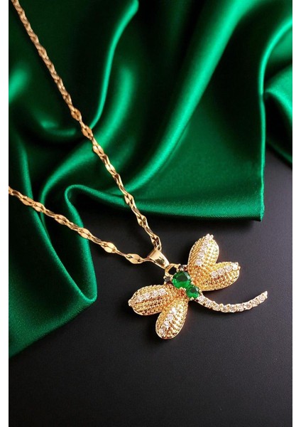 Lina Tia Kadın Çelik Zincirli Su Yolu Altın Kaplama Yusufçuk Figürlü Model Zümrüt Kristal Zirkon Taşlı Kolye