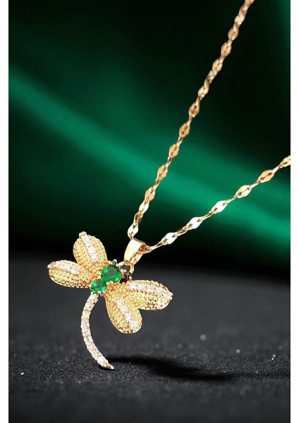 Lina Tia Kadın Çelik Zincirli Su Yolu Altın Kaplama Yusufçuk Figürlü Model Zümrüt Kristal Zirkon Taşlı Kolye fiyatları