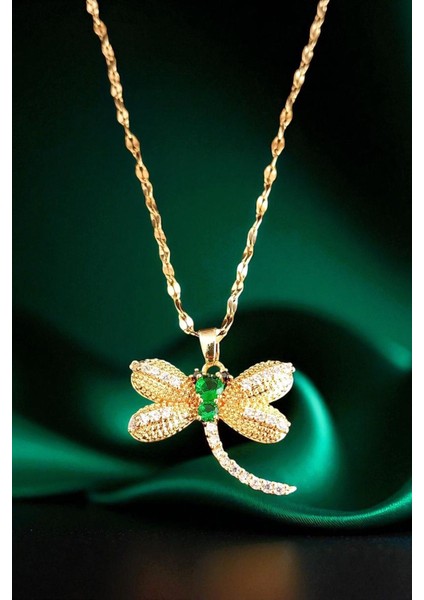 Lina Tia Kadın Çelik Zincirli Su Yolu Altın Kaplama Yusufçuk Figürlü Model Zümrüt Kristal Zirkon Taşlı Kolye modelleri