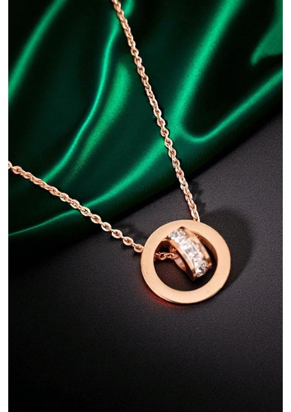 Lina Tia Kadın Çelik Zincirli Su Yolu Rose Kaplama Iç Içe Geçmiş Halka Tasarımlı Model Zirkon Taşlı Kolye