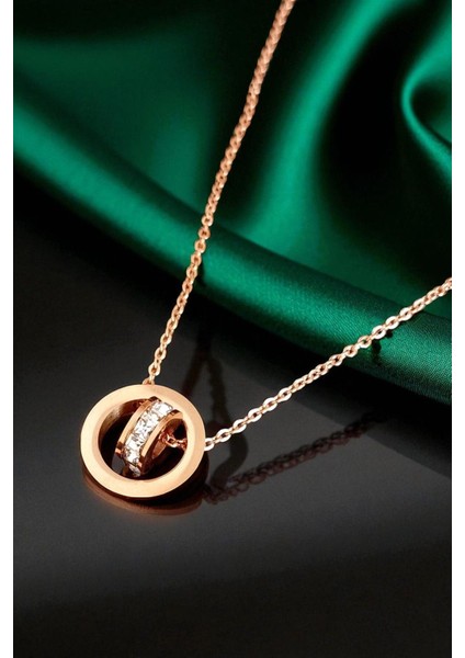 Lina Tia Kadın Çelik Zincirli Su Yolu Rose Kaplama Iç Içe Geçmiş Halka Tasarımlı Model Zirkon Taşlı Kolye fiyatları