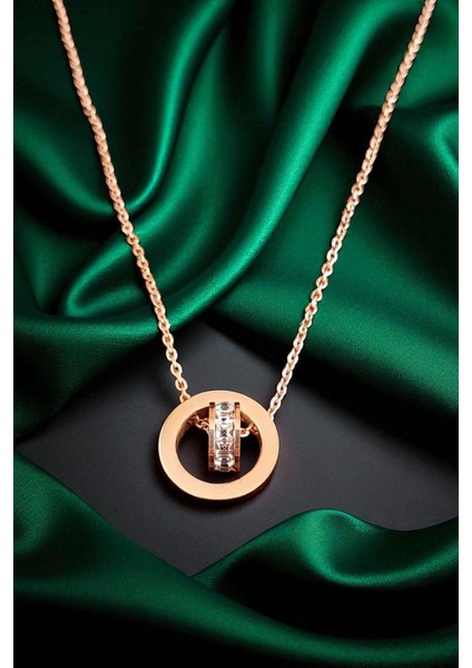 Lina Tia Kadın Çelik Zincirli Su Yolu Rose Kaplama Iç Içe Geçmiş Halka Tasarımlı Model Zirkon Taşlı Kolye modelleri