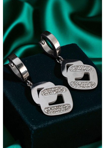 Lina Tia Kadın Çelik Gümüş Kaplama Zirkon Taşlı Halka Klipsli Yatay Sıralı Birleşik Tasarım Model Küpe