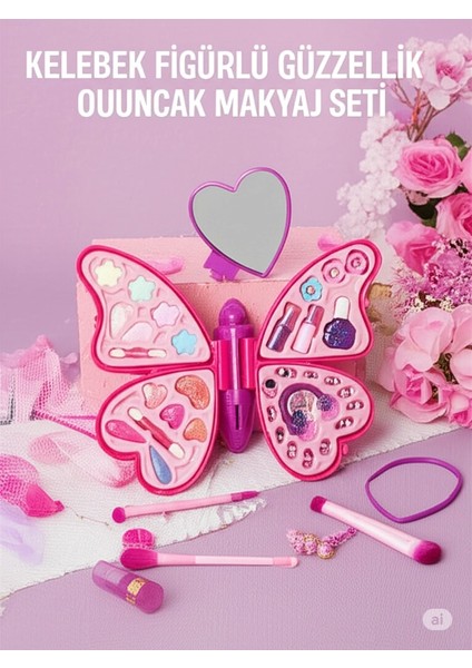 Kelebek Figürlü Güzellik Kız Çocuk Oyuncak Makyaj Oyun Seti 4 Katmanlı Makyaj Güzellik Seti