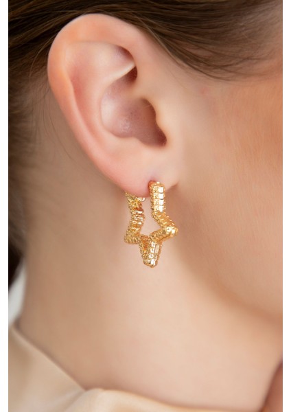 Lina Tia Kadın Parıltılı Yıldız Model Altın Renk Lak Kaplama Günlük Stil Abiye Elbise Bluz Kombin Küpe