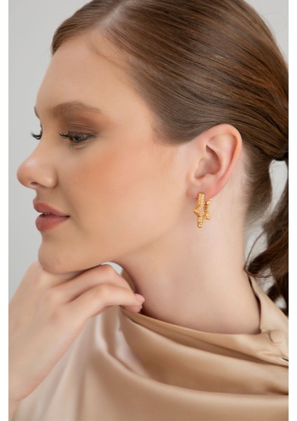 Lina Tia Kadın Parıltılı Yıldız Model Altın Renk Lak Kaplama Günlük Stil Abiye Elbise Bluz Kombin Küpe