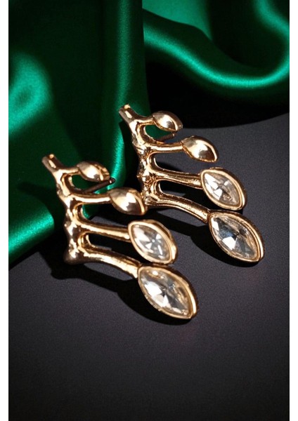 Lina Tia Kadın Çelik Altın Kaplama Zirkon Taşlı Yaprak Damla Desenli Tasarım Model Günlük Kombin Küpe