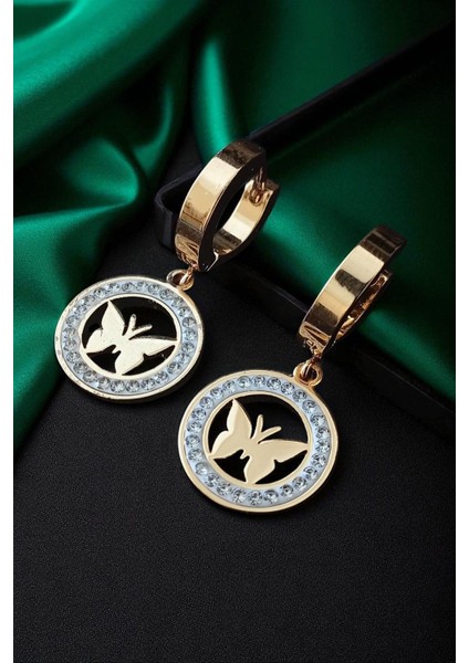 Lina Tia Kadın Çelik Altın Kaplama Zirkon Taşlı Kelebek Motifli Halkalı Klipsli Sallantılı Model Kombin Küpe