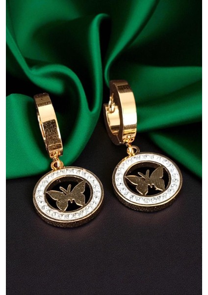 Lina Tia Kadın Çelik Altın Kaplama Zirkon Taşlı Kelebek Motifli Halkalı Klipsli Sallantılı Model Kombin Küpe fiyatları
