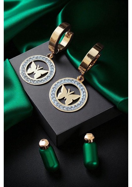 Lina Tia Kadın Çelik Altın Kaplama Zirkon Taşlı Kelebek Motifli Halkalı Klipsli Sallantılı Model Kombin Küpe modelleri