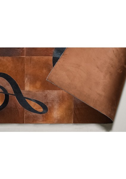 %100 Doğal Dana Derisi Kaymaz Taban Premium Patchwork Halı - Müzik Temalı Kahverengi Siyah modelleri