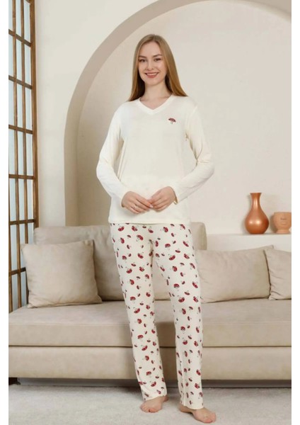 Mantar Desenli Kadın Pijama Takımı - Ekru V Yaka Likralı Viskon Uzun Kollu 2847UY