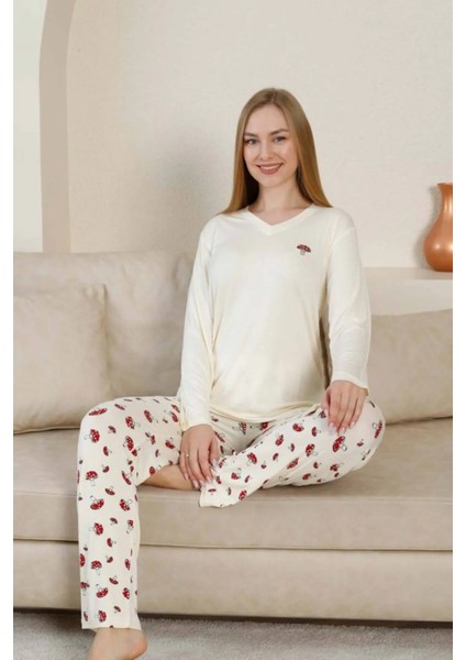 Mantar Desenli Kadın Pijama Takımı - Ekru V Yaka Likralı Viskon Uzun Kollu 2847UY fiyatları