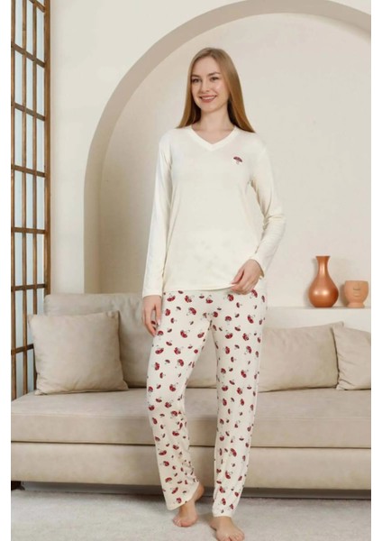 Mantar Desenli Kadın Pijama Takımı - Ekru V Yaka Likralı Viskon Uzun Kollu 2847UY modelleri