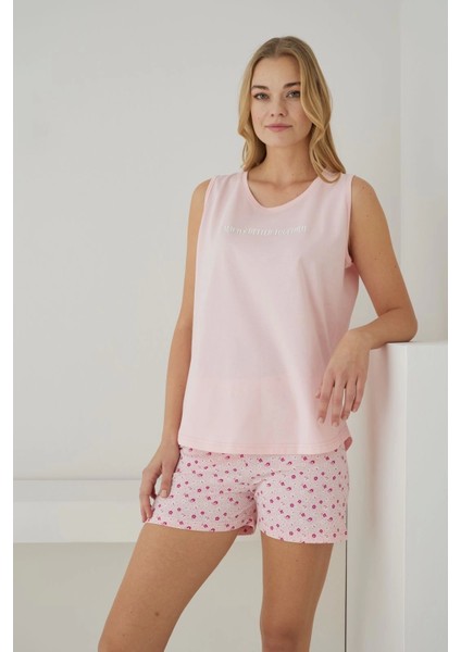 Kadın Süprem Kumaş Sıfır Kollu Şortlu Pembe Pijama Takımı – 2554