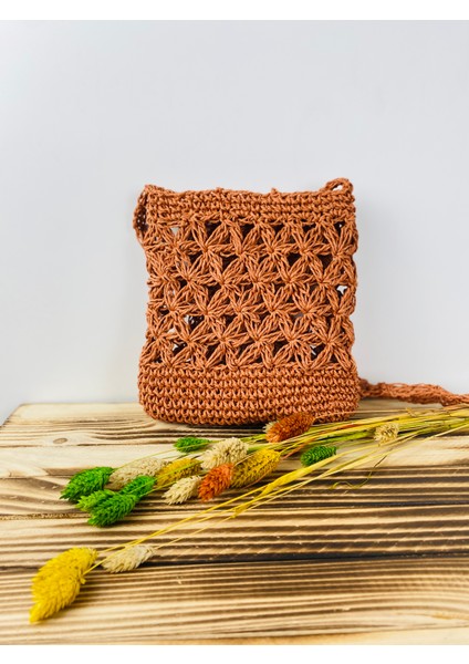 Kağıt Ip Hasır Askılı Örgü Omuz Çantası - Telefon Çantası En 18cm Boy 19 Cm Askı 135 Cm