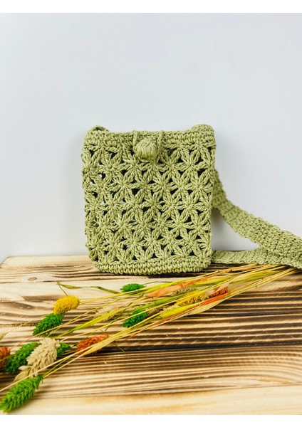 Kağıt Ip Hasır Askılı Örgü Omuz Çantası - Telefon Çantası En 18cm Boy 19 Cm Askı 135 Cm