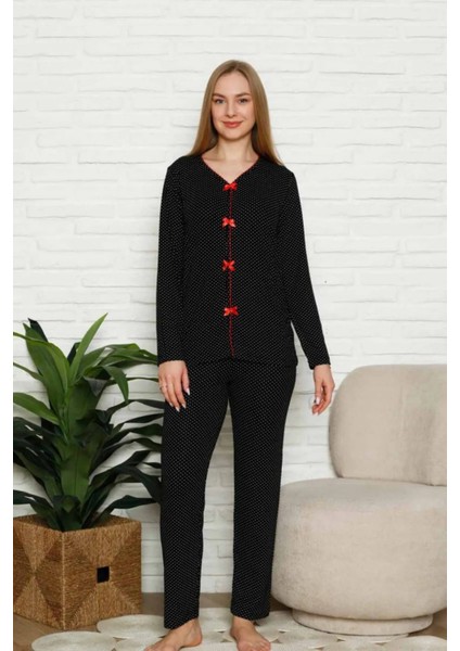 Fiyonklu Kadın Pijama Takımı - Siyah Puantiyeli Uzun Kol Likralı 2828UY