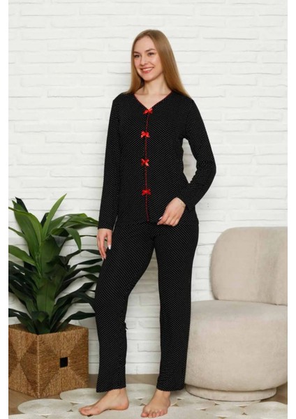 Fiyonklu Kadın Pijama Takımı - Siyah Puantiyeli Uzun Kol Likralı 2828UY fiyatları